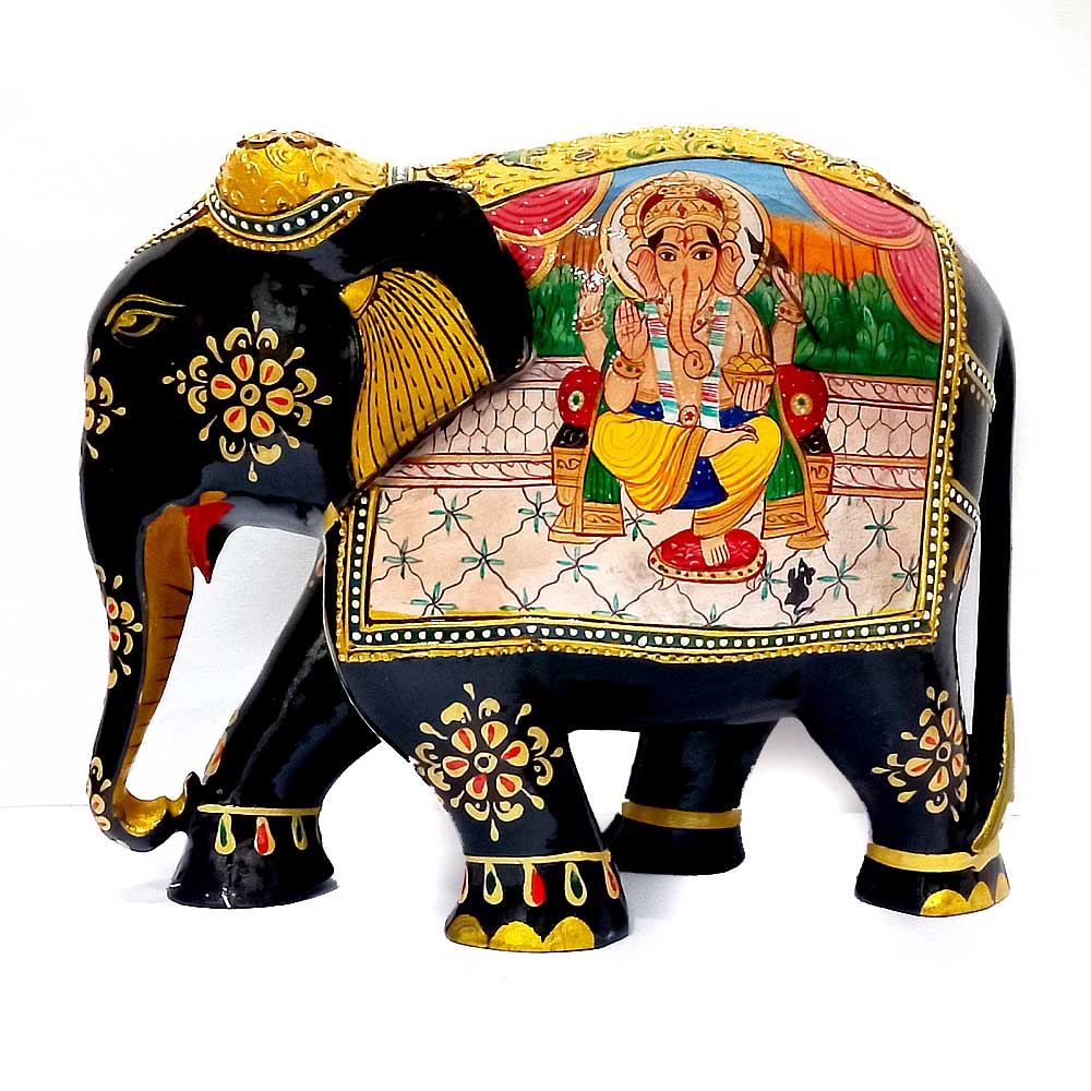 A handcrafted wooden Ganesha statue, perfect for a pooja room or home temple.