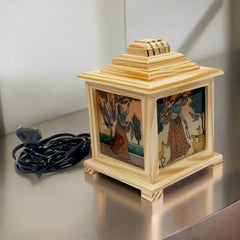 Artistic wooden lamp featuring traditional Ragini design with hand-painted gemstones, perfect for cozy home decor.