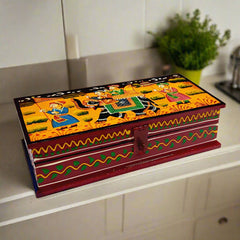Decorative hand-painted wooden jewelry organizer with cultural patterns