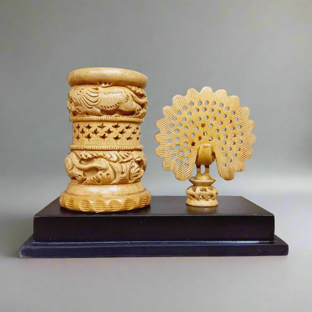 Wooden peacock design pen stand, hand-carved and durable office organizer