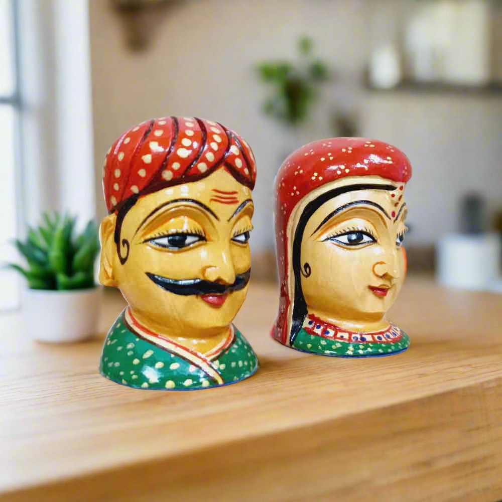 Traditional Rajasthani wooden figurines, intricately carved and hand-painted