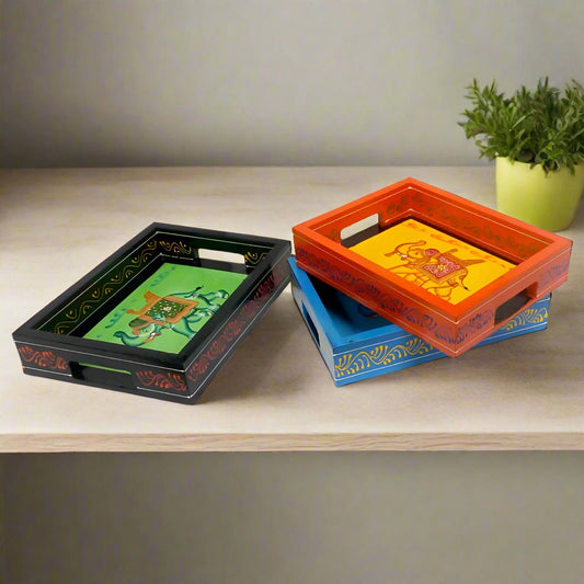 Handcrafted wooden tray with colorful hand painting