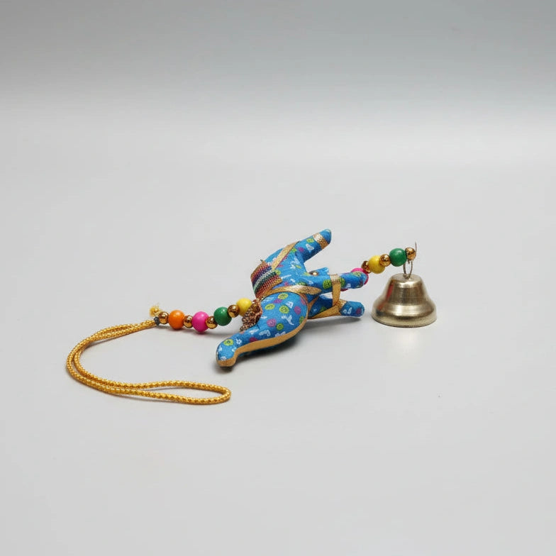 Blue printed fabric single elephant decorative hanging with traditional Indian beadwork.