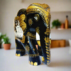 Large decorative wooden elephant statue with multicolor miniature painting