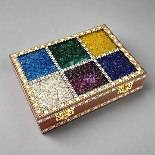 Handmade Sheesham wood jewelry box decorated with real gemstones and golden lock.