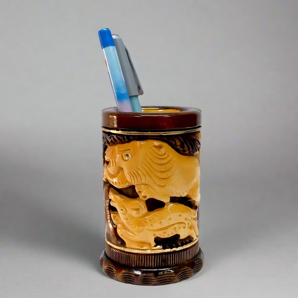 Intricately carved wooden pen holder showcasing wildlife art