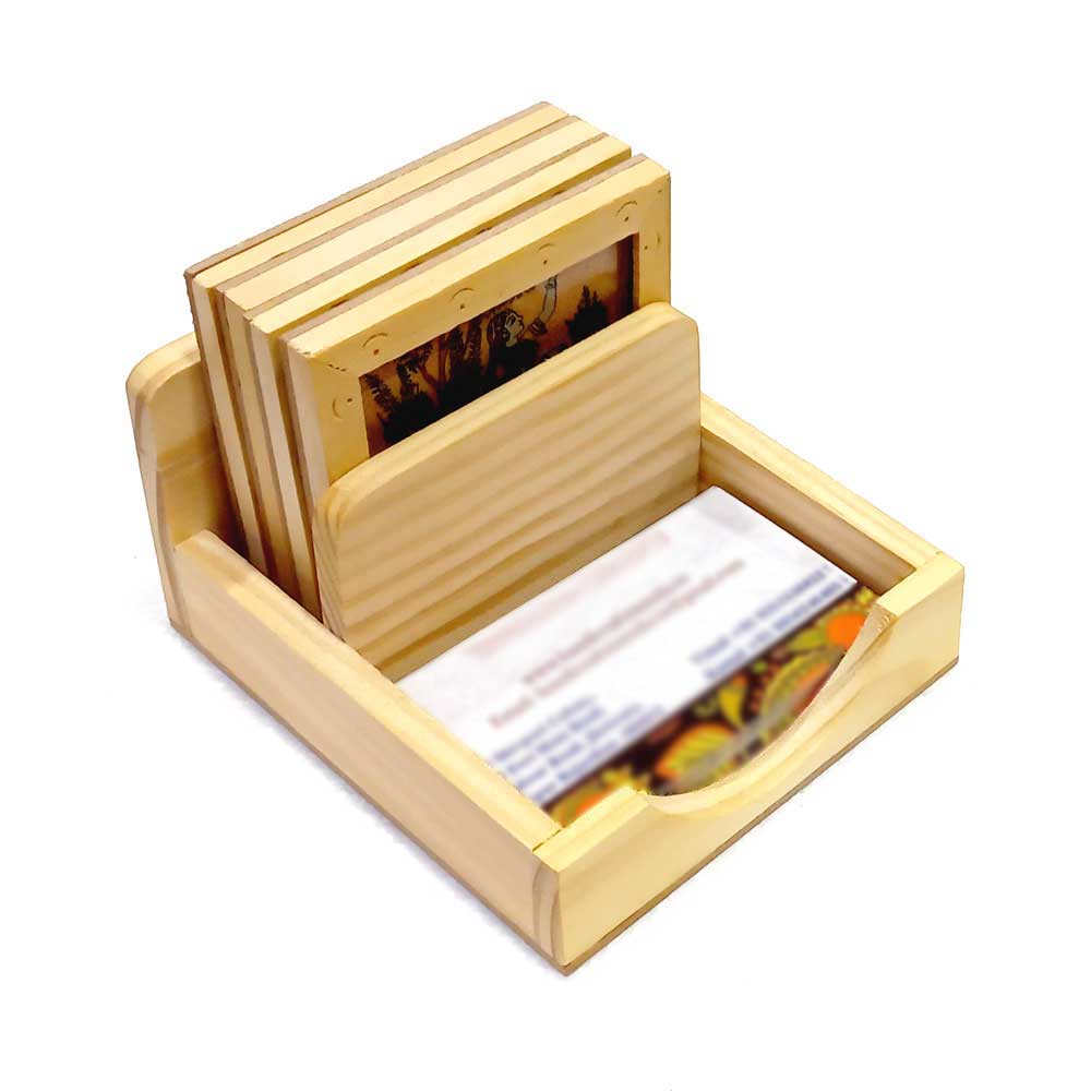 Handmade wooden coaster set with visiting card holder for office desk