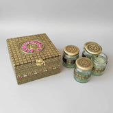 Handmade wooden dry fruit box with peacock floral design and 4 glass jars