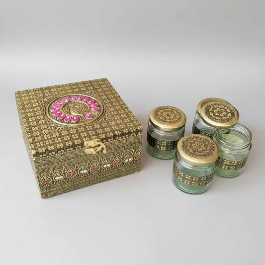 Handmade wooden dry fruit box with peacock floral design and 4 glass jars