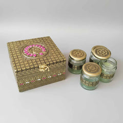 Handmade wooden dry fruit box with peacock floral design and 4 glass jars