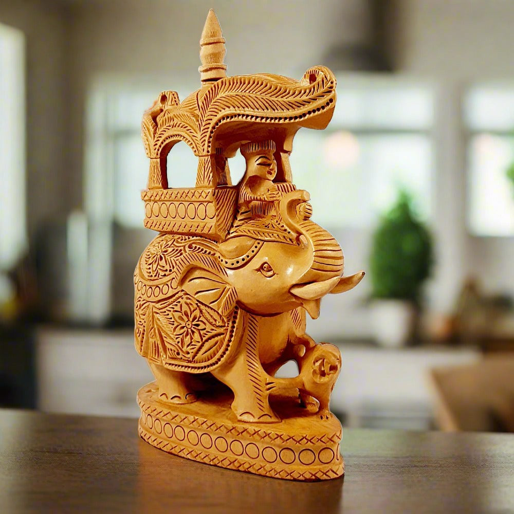 A beautiful handmade wooden elephant figurine, a perfect example of Indian art.