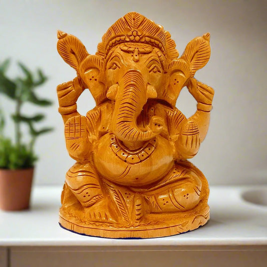 Handmade wooden Ganesha idol crafted by Jaipur artists with fine detailing.