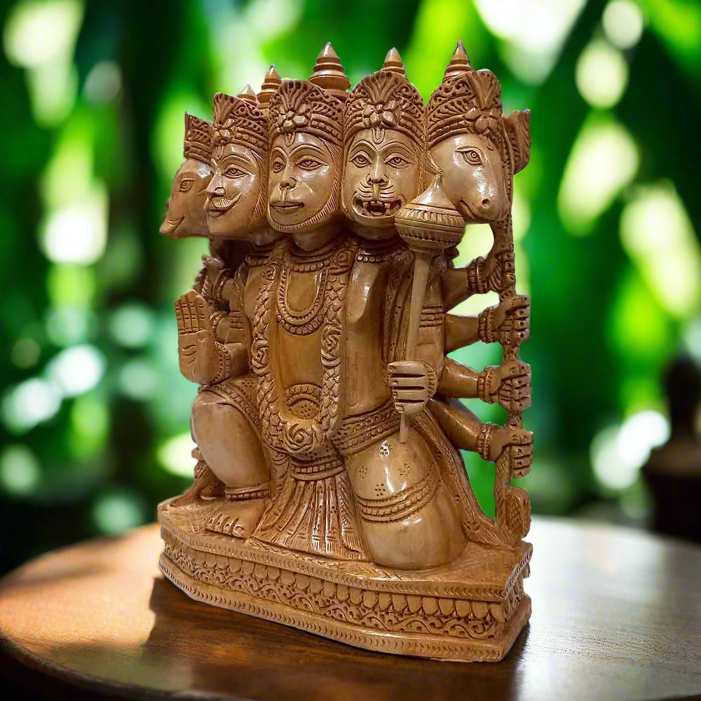 Traditional Indian wooden Panchmukhi Hanuman Murti, 22cm devotional idol