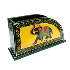 A handmade wooden tissue dispenser, ideal for a dining table or office desk.