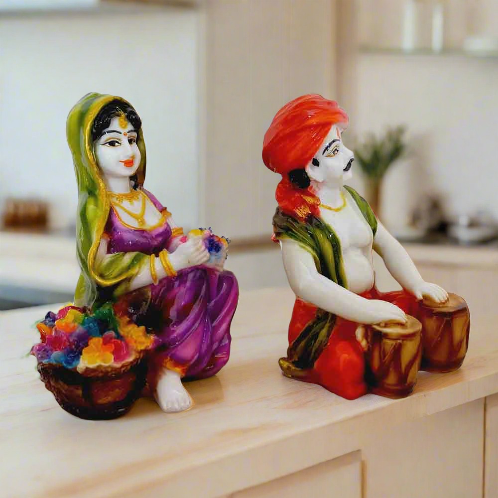 Ethnic Rajasthani couple figurine set, marble dust statues for living room décor