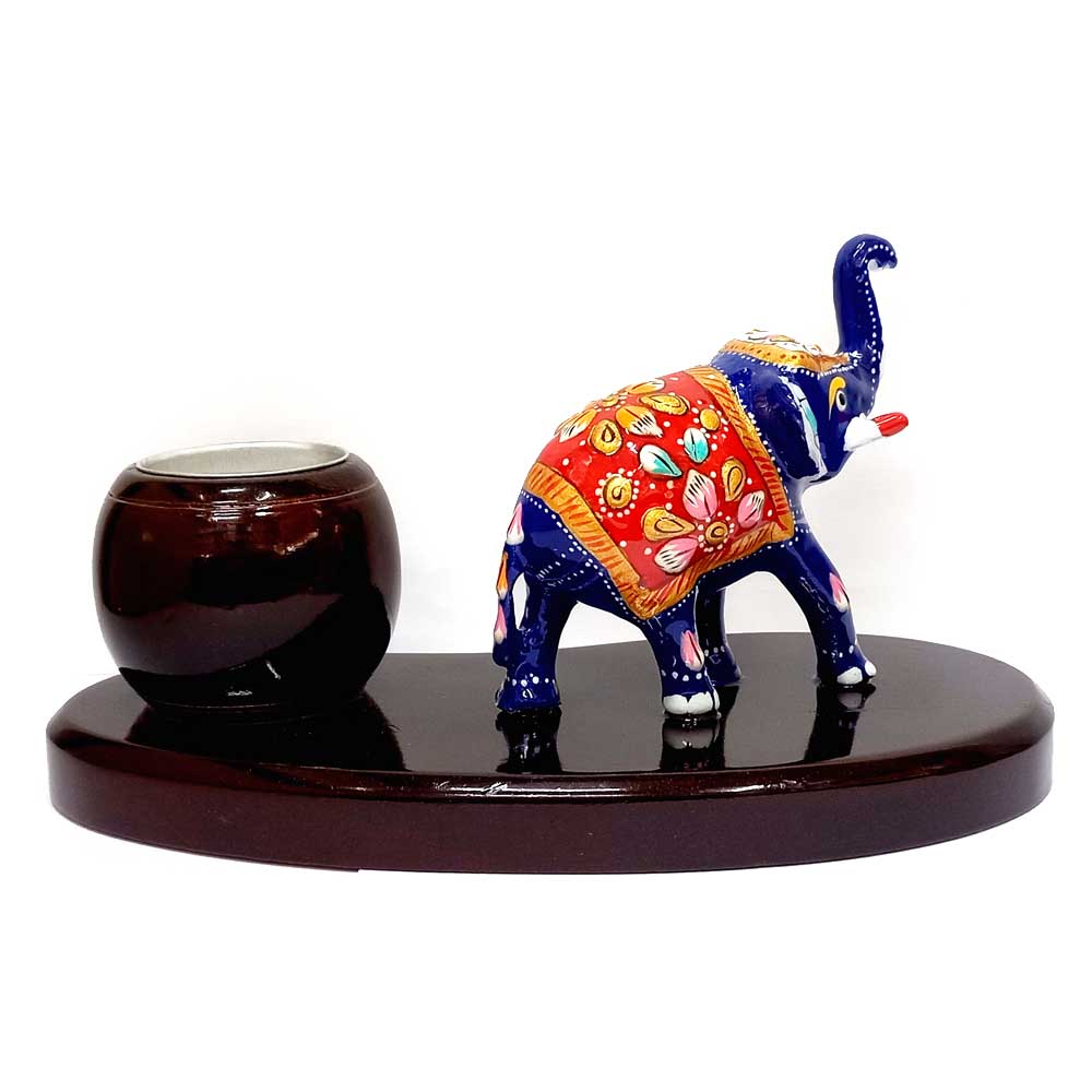 A magnificent high-trunk elephant candle stand with a round-shaped holder for a smokeless candle.
