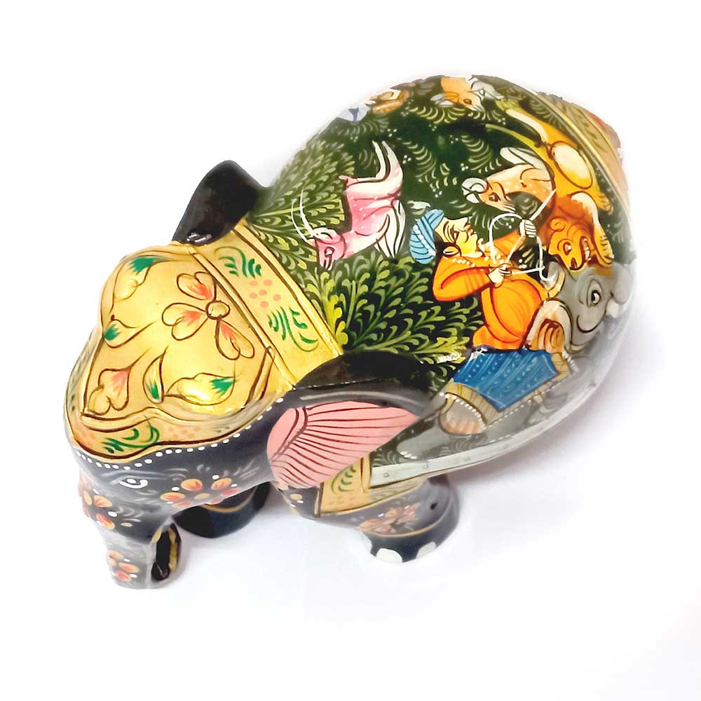 Home decor wooden elephant made of Kadamba wood with hand-painted Mughal motifs on sides
