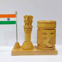 A patriotic pen holder featuring the Ashok Stambh and the Indian National Flag.