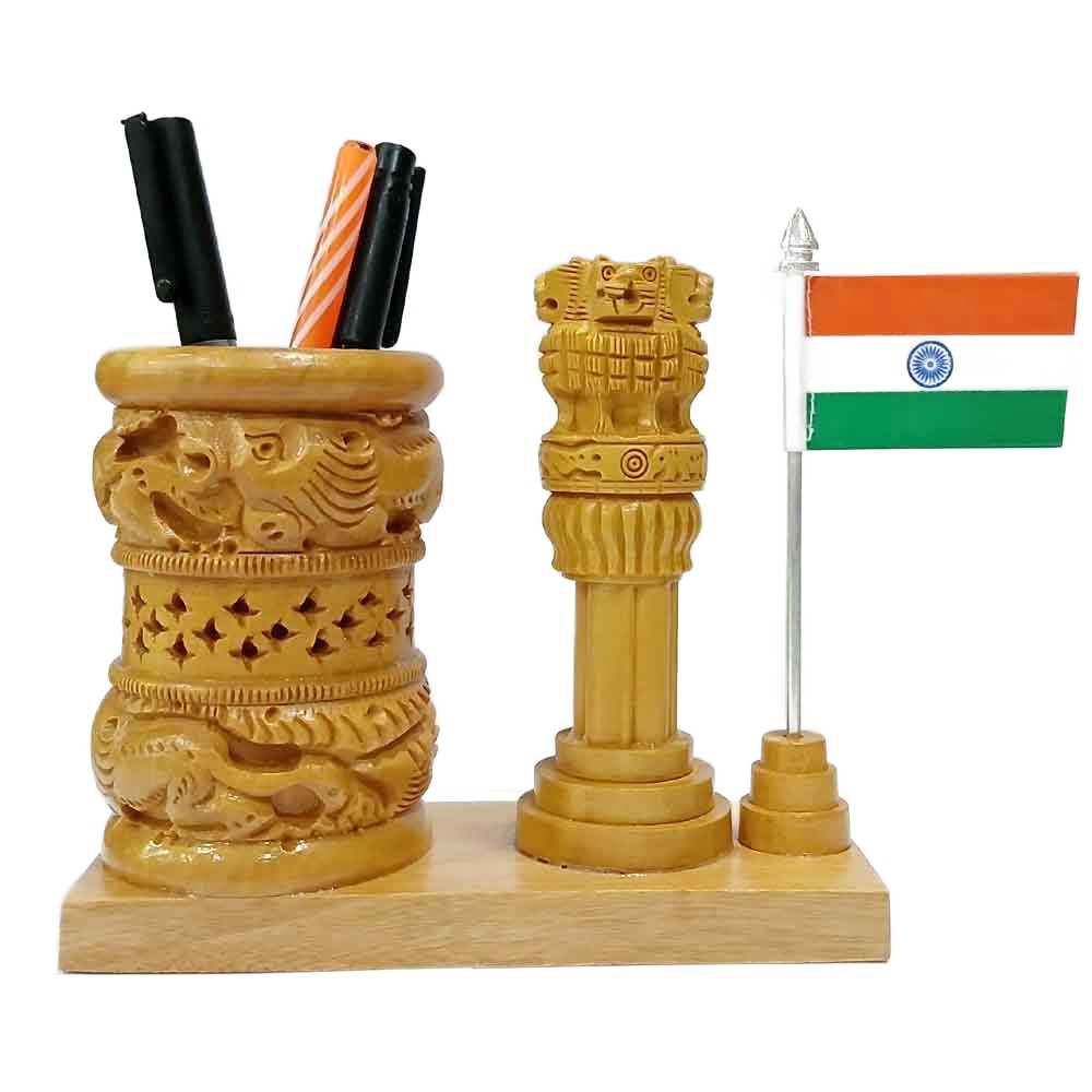 An Indian national flag and Ashok Chakra desk pen stand, a perfect gift for an office.