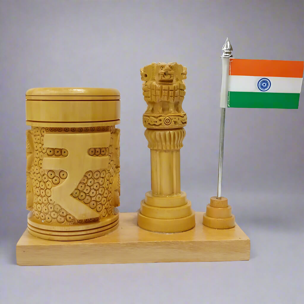 Indian national flag pen holder with Ashok Stambh design