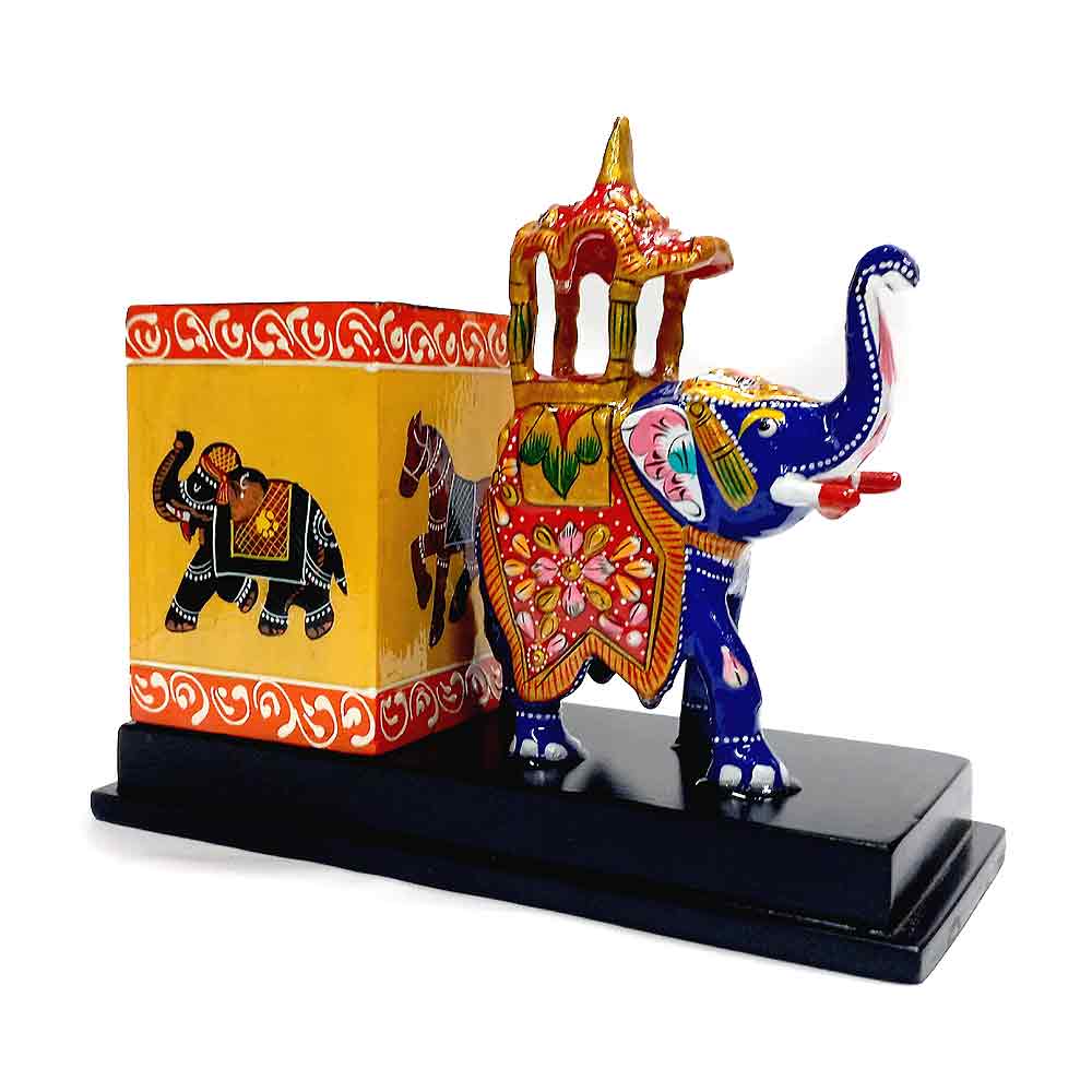 A colorful Meenakari pen pot featuring a traditional Indian elephant design.