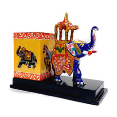 A colorful Meenakari pen pot featuring a traditional Indian elephant design.