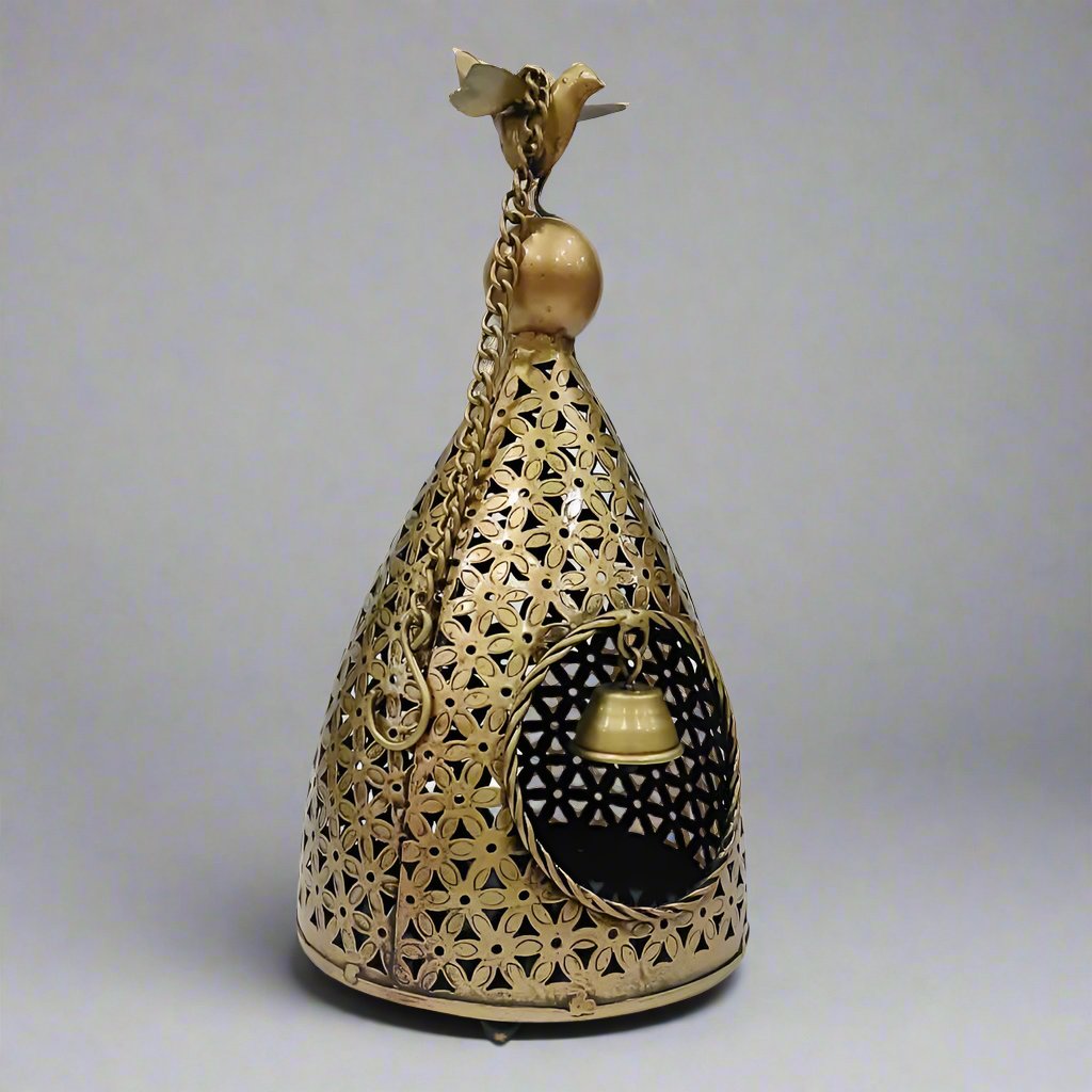Golden oxidized iron T-light and diya holder with bird nest design