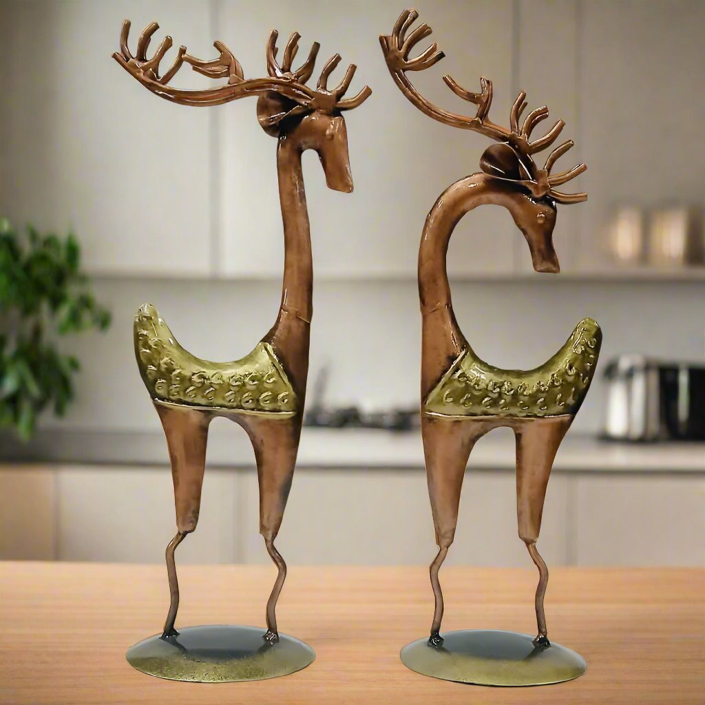 Golden copper oxidized iron deer statue pair for elegant home decor