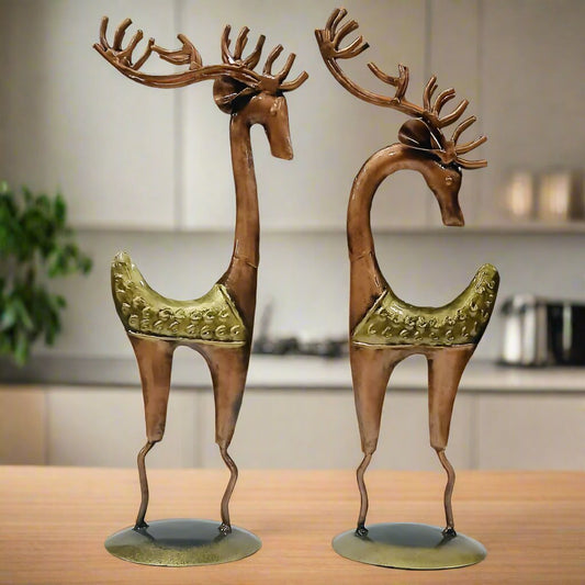 Golden copper oxidized iron deer statue pair for elegant home decor