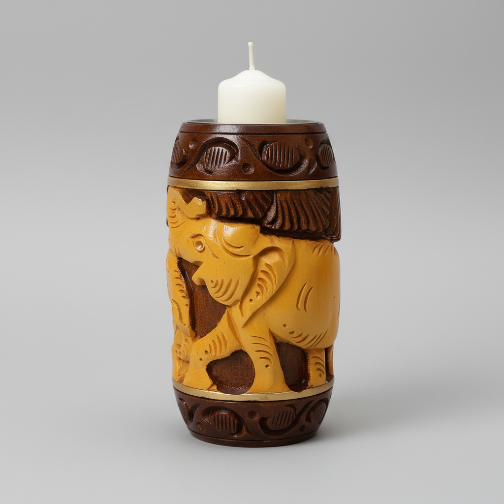 Authentic Jaipur handicraft wooden candle holder with traditional brown two-tone finish.