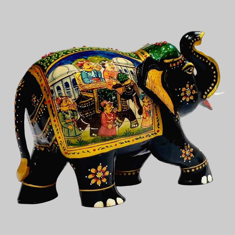Jaipur wooden elephant statue with embossed floral design and miniature artwork