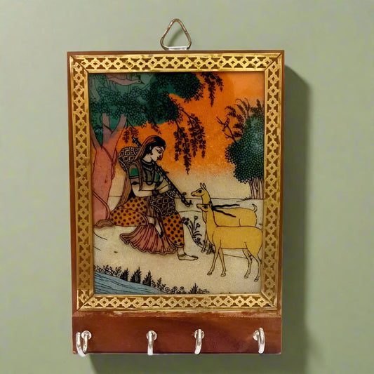 Wooden Key Holder with Handcrafted Gemstone Painting – 4-Hook Wall Organizer