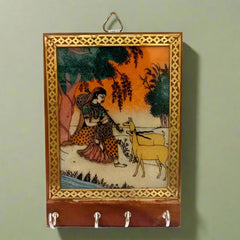 Wooden Key Holder with Handcrafted Gemstone Painting – 4-Hook Wall Organizer