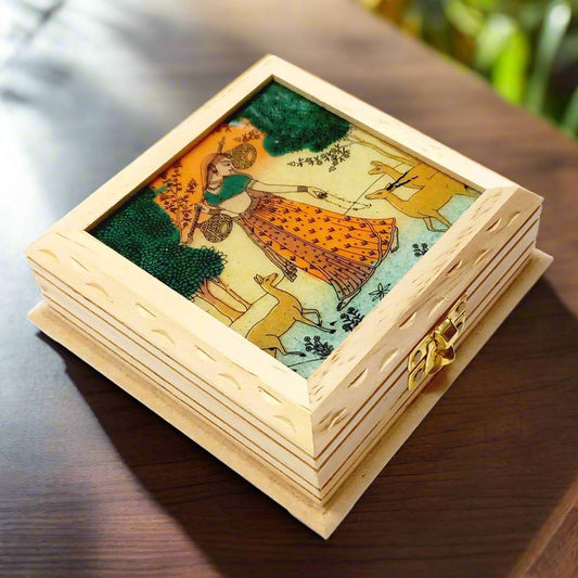 Handmade pine wood jewelry box with Rajasthani gemstone powder painting and red velvet interior – 13x13x5cm ladies design.
