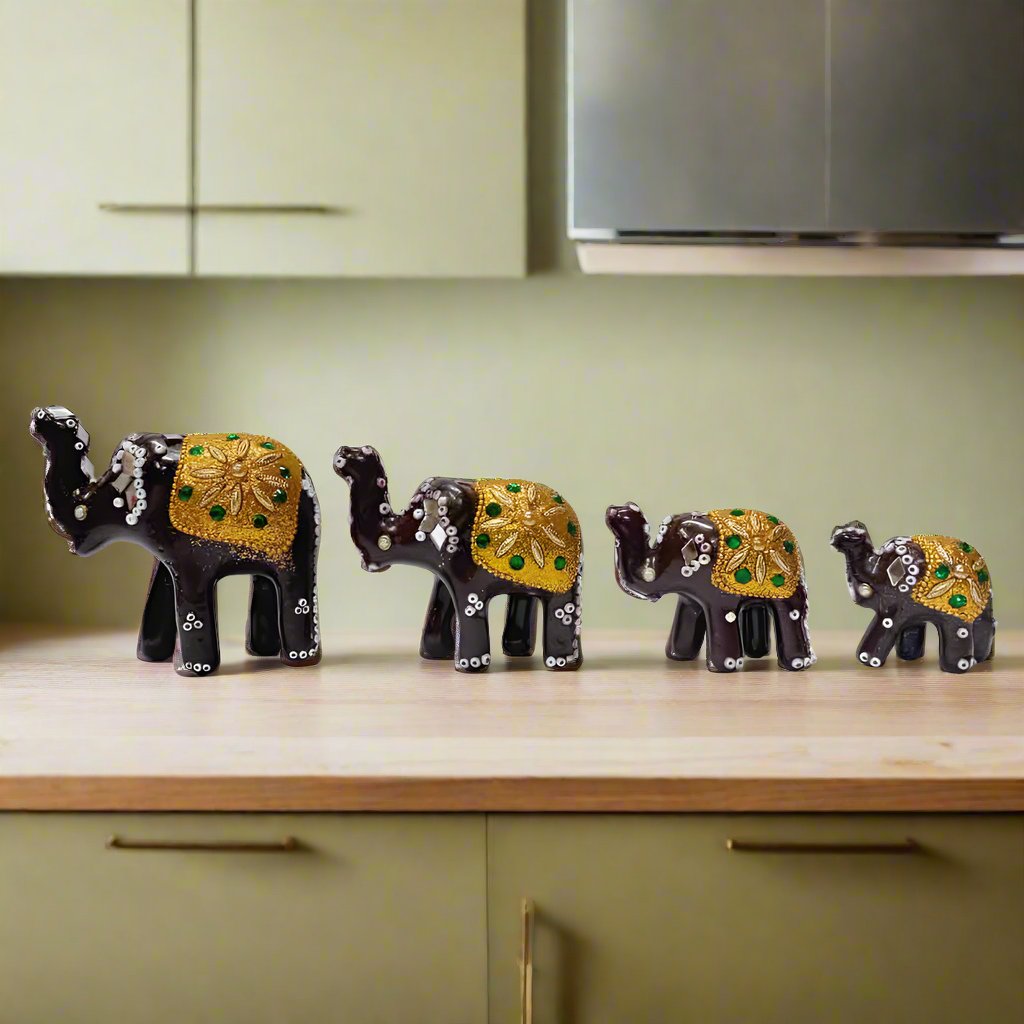 Traditional Indian Lac Elephant Set of 4, handcrafted with colorful detailing