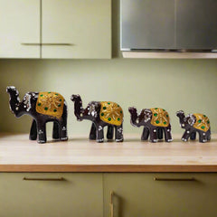 Traditional Indian Lac Elephant Set of 4, handcrafted with colorful detailing