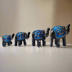 Unique lacquer finish elephant figurine set, multicolor handcrafted decor accents