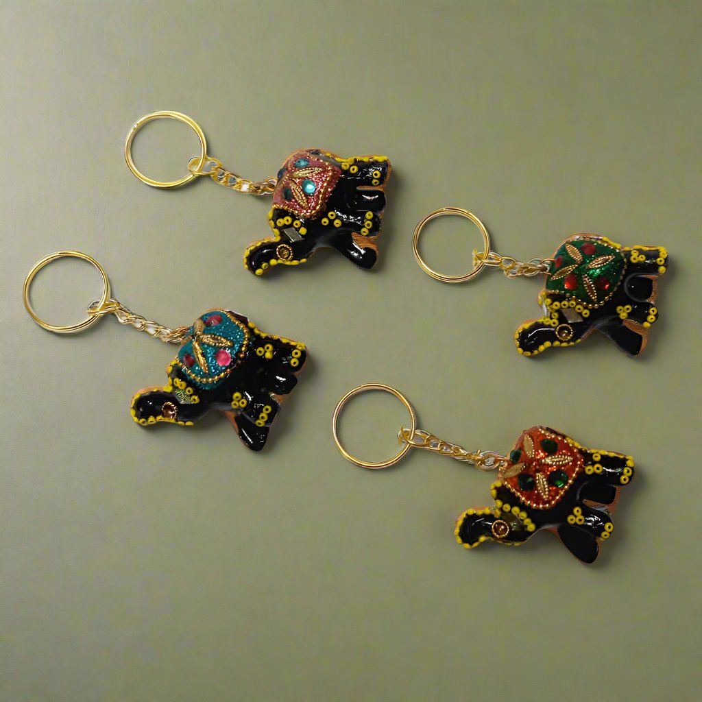 Handcrafted Lac Elephant keychains set of 4 in assorted colors, traditional Indian design