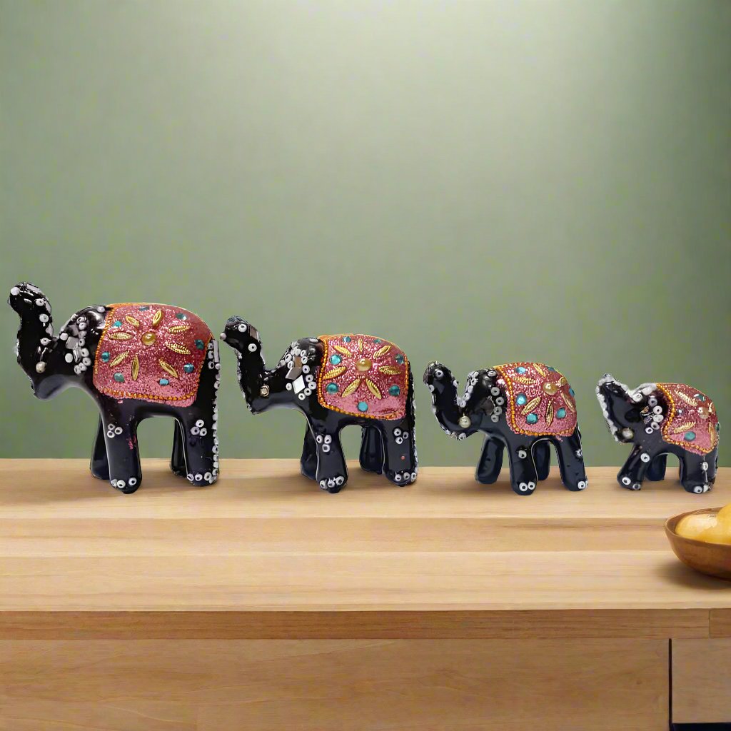 Handcrafted Lac Elephant Set of 4 with multicolor lacquer detailing for home decor