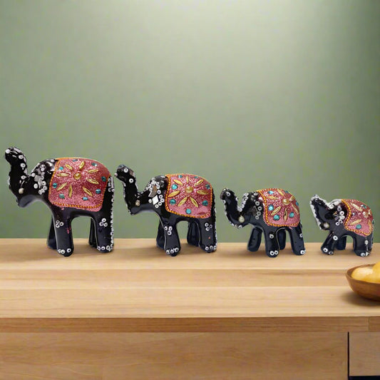 Handcrafted Lac Elephant Set of 4 with multicolor lacquer detailing for home decor