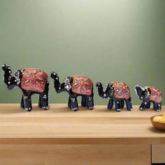 Handcrafted Lac Elephant Set of 4 with multicolor lacquer detailing for home decor
