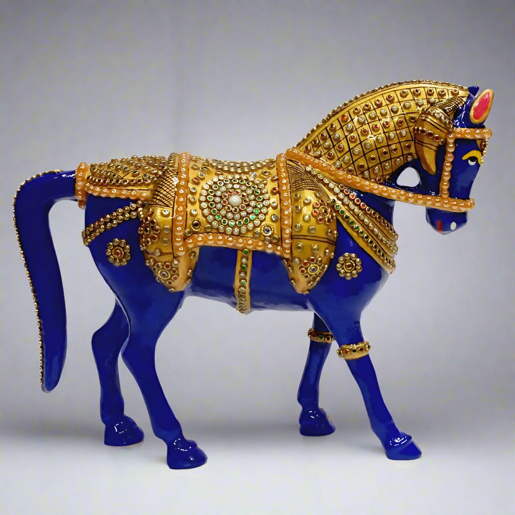 Large Metal Horse Statue with Intricate Meenakari Painting and Multicolor Stones