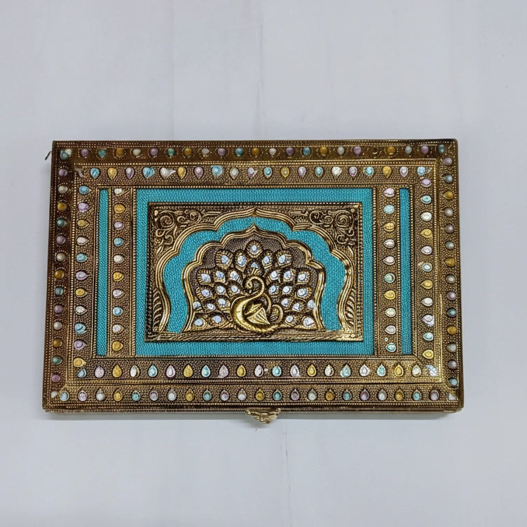 large royal peacock motif dry fruit box with 6 deep compartments, handcrafted for luxury festive gifting.