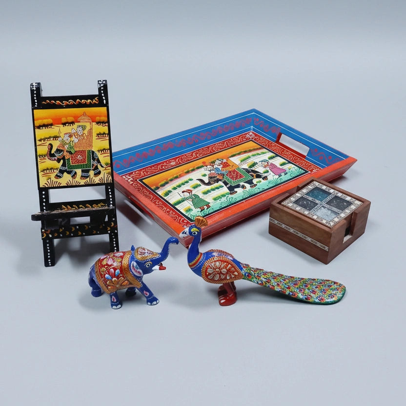 Close-up of a 13x10 inch handcrafted wooden tray with traditional Rajasthani miniature painting and lacquer finish.