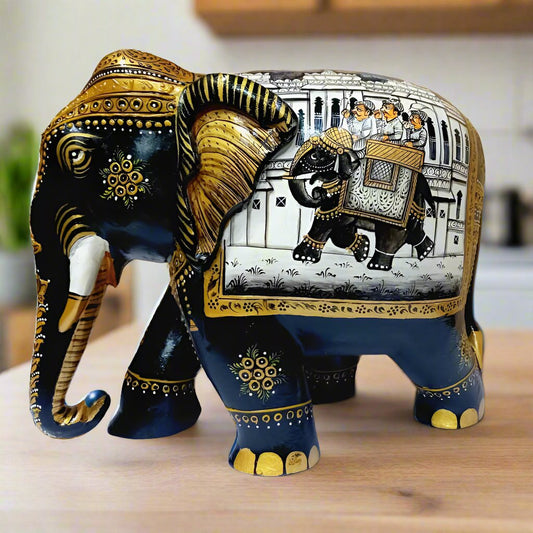 Handcrafted wooden elephant with intricate miniature painting artwork