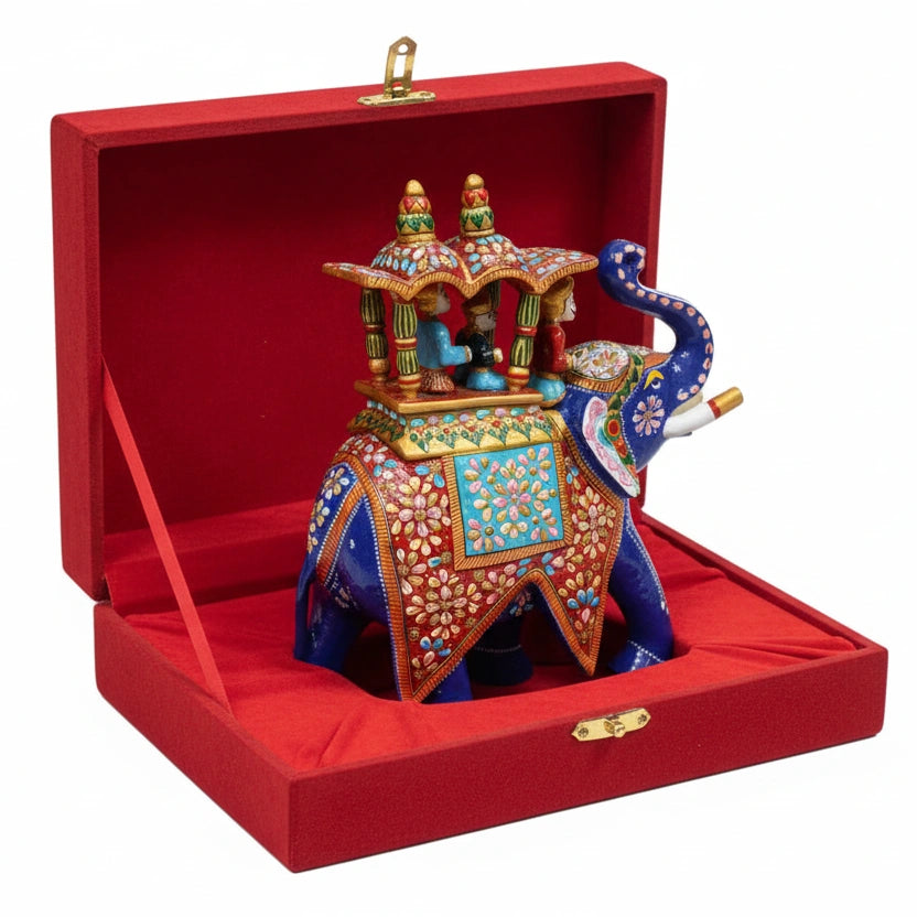 Amababari Elephant statue packed in premium velvet box for luxury gifting.