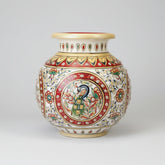 Sophisticated spherical marble decorative vase with a majestic peacock centerpiece and colorful hand-painted floral accents.