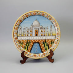 Premium 9-inch white marble souvenir plate with a scenic Taj Mahal illustration, serving as a sophisticated cultural gift or travel keepsake.