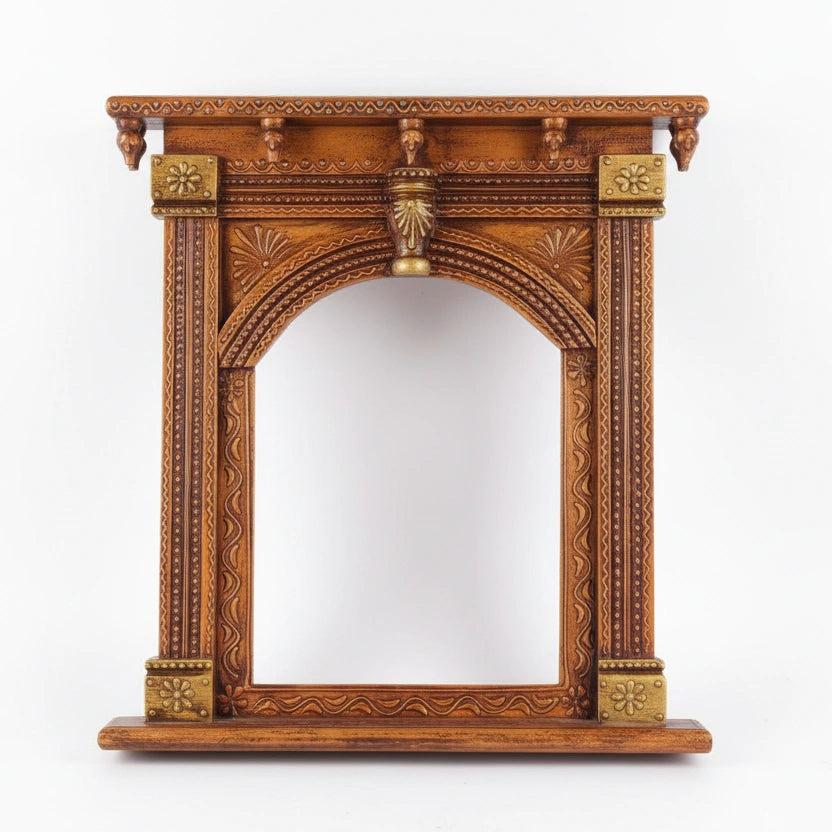 Front view of a 17-inch handcrafted wooden Jharokha with copper antique oxidized finish.