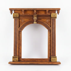 Front view of a 17-inch handcrafted wooden Jharokha with copper antique oxidized finish.